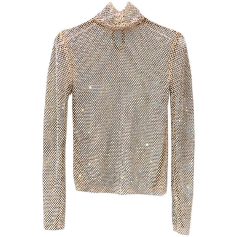 European & American Autumn/Winter Mesh Diamond High Collar Sexy Top - Versatile Fairy-Inspired Perspective Bottoming Shirt for Women