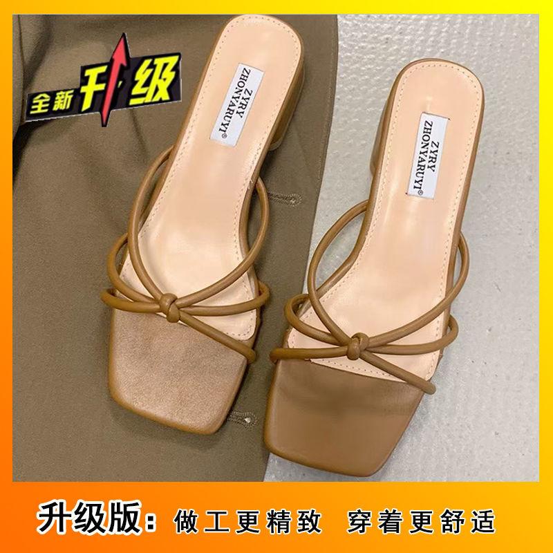 Korean version of thin belt fairy gentle thick heel slippers summer wear two wear French evening sandals women's 2025 new models