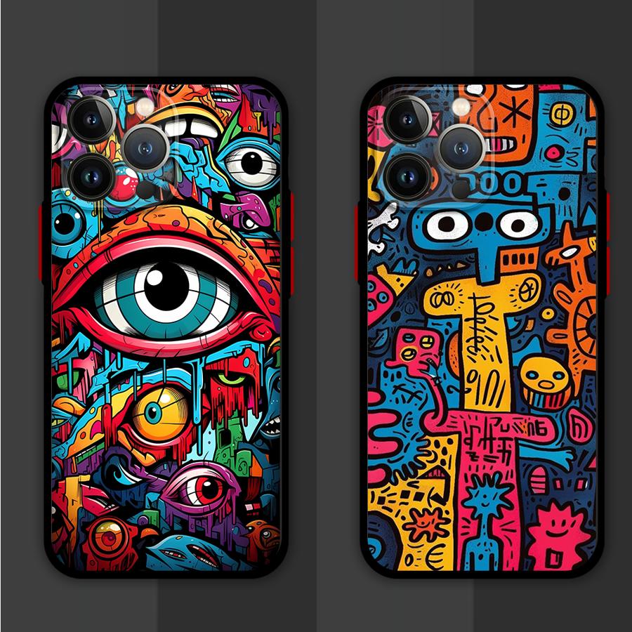 Fashion Monster Graffiti Phone Case for Apple iPhone 15 16 Pro XS Max 16e 13 14 Plus XR SE 7 8 12 11 Pro Plus Matte