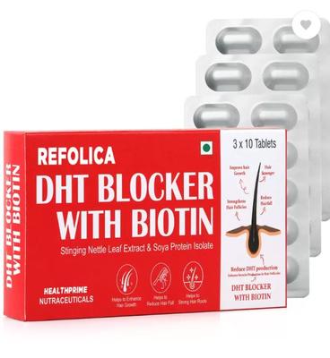 HEALTHPRIME Refolica Bloqueador de DHT com Biotina, Reduz a Queda de Cabelo e Promove o Crescimento Capilar  (30 comprimidos)