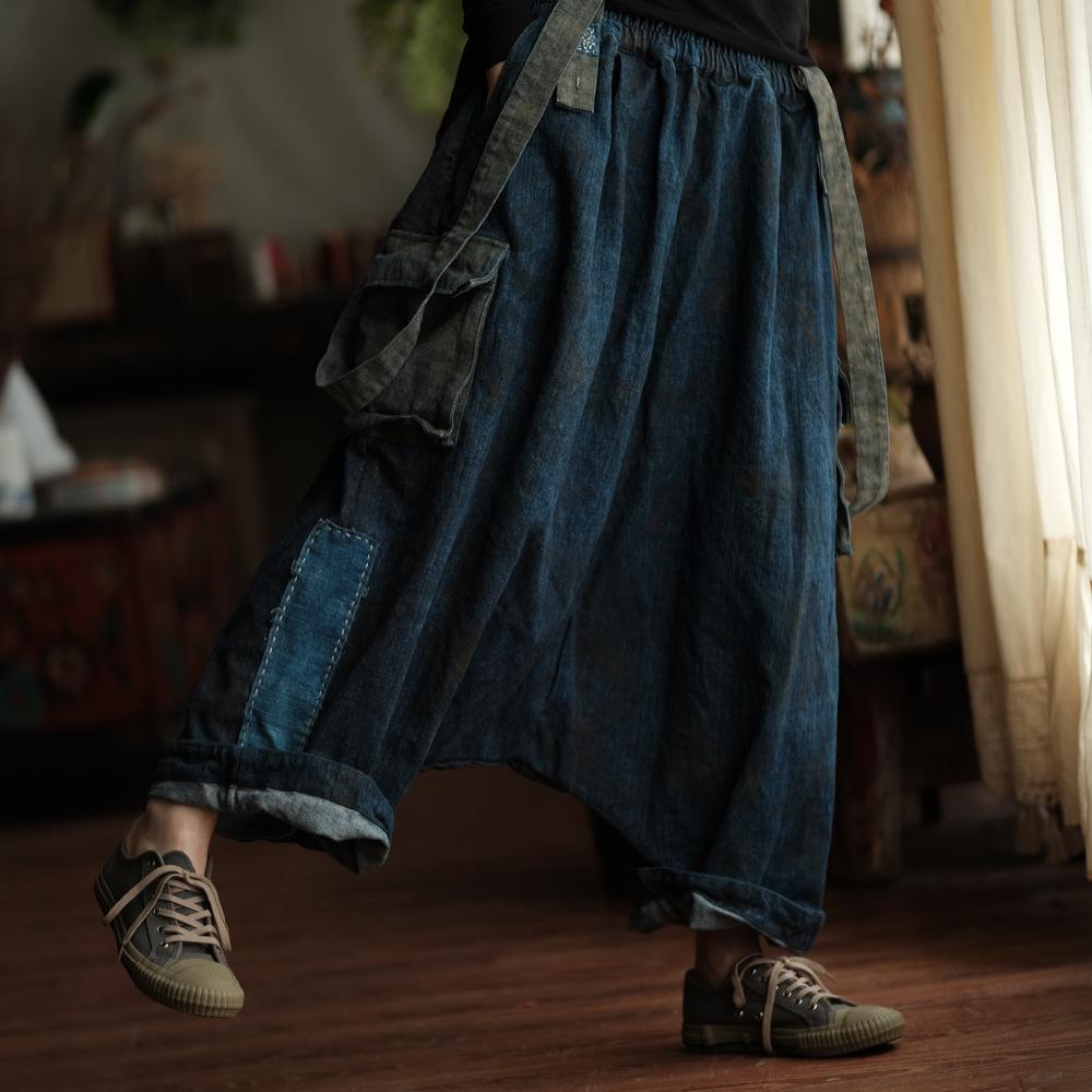 Johnature Women Jumpsuits Elastic Waist Autumn Patchwork Pockets Loose Jumpsuits