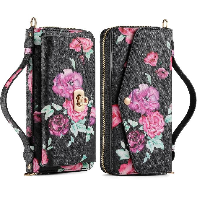 Crossbody Wallet Case for Samsung Galaxy S24 Ultra, Magnetic Detachable PU Leather Flip Phone Case with Card Holder RFID Blocking Wristlet Mirror