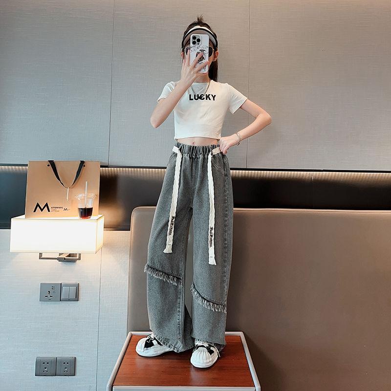 Dívčí džíny se širokými nohavicemi Jaro a Podzim Dívčí volné Internetová červená Retro modrá Rovná trubka Dětské kalhoty