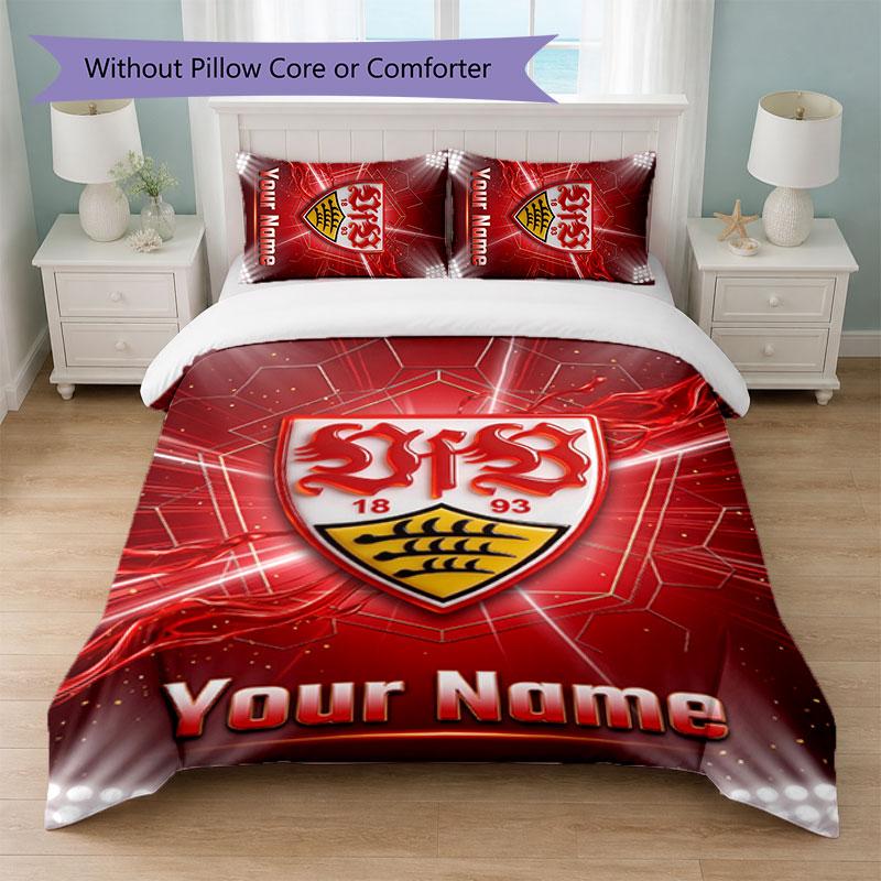 VfB Stuttgart FC Custom Name Text Bedding Set 1 Duvet Cover+2 Pillowcases Soccer Logo Personalized Gift For Special Occasion Bedroom Decor