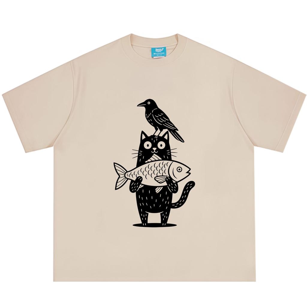 Cartoon Cat And Crow Fish Funny Meme Tshirt Unisex Unisex Vintage Fashion Tshirt Summer Shortsleeved Loose Casual Cotton Tshirts