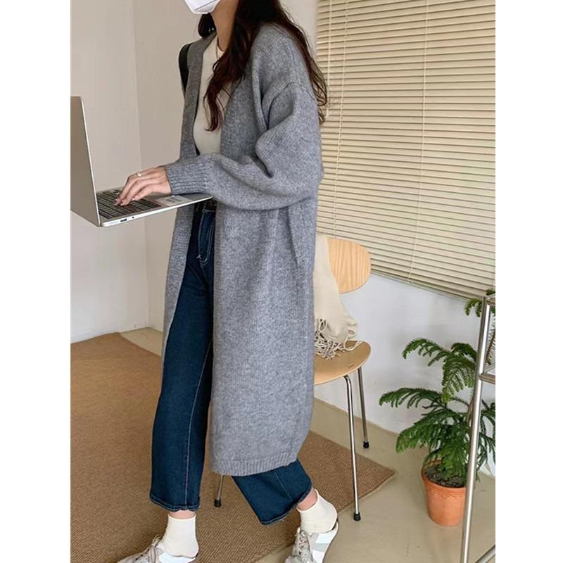Autumn Winter Knitted Cardigan Women Medium and Long Sweater Jacket Gentle Loose Simple V Neck Cardigans Solid Color Office Coats Long Sleeve Clothing
