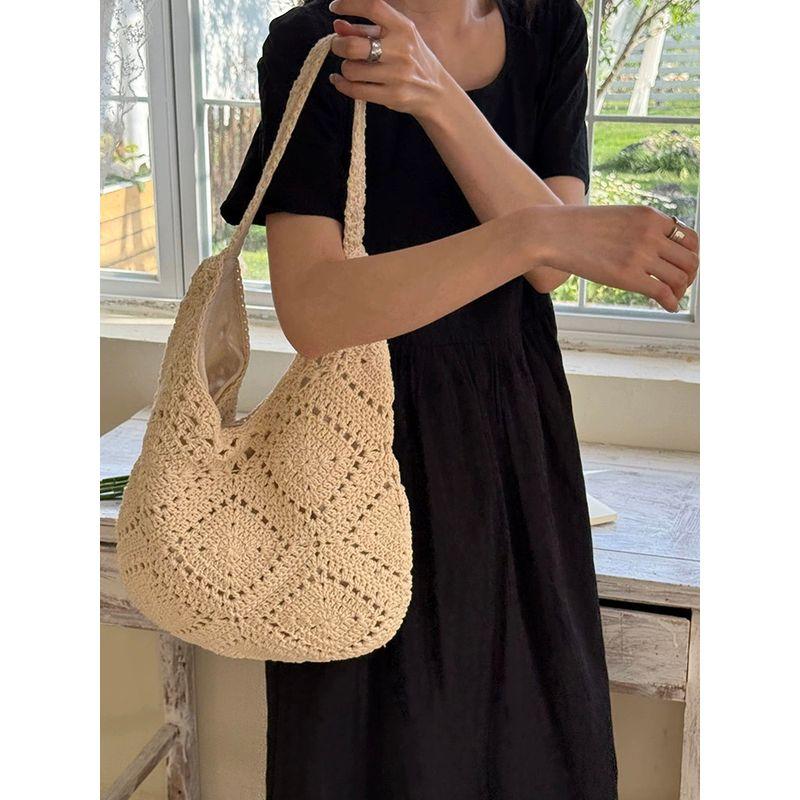 

2025 Spring New Fashion Handmade Hollow Woven Bag Shoulder Tote Casual Straw Woven Large Capacity Commuter Bag Beige