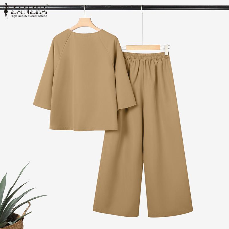 ZANZEA Women Long Sleeve Blouse and Pants Casual Two Piece Suit Sets