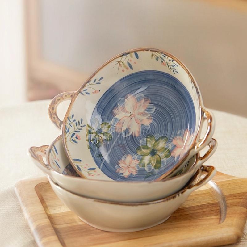 Keramik-Suppenschüssel im japanischen Stil mit Griff 800ml, Unterglasurfarbenes florales Serviergeschirr für Eintopf, Pasta, Müsli, Mikrowellen- und ofenfest, 1 Stück