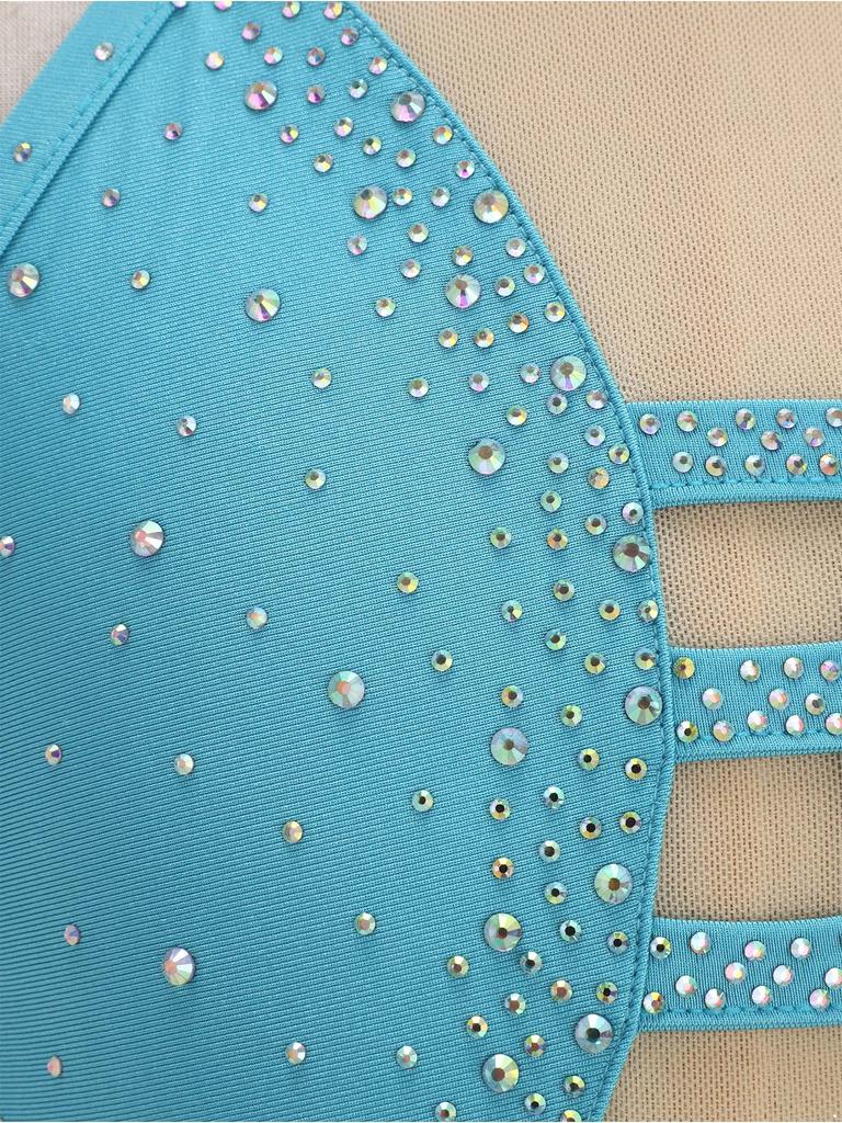 Girls Latin Dance Crop Top Halter Sleeveless Crisscross Back Mesh Patchwork Sparkling Rhinestones Vest
