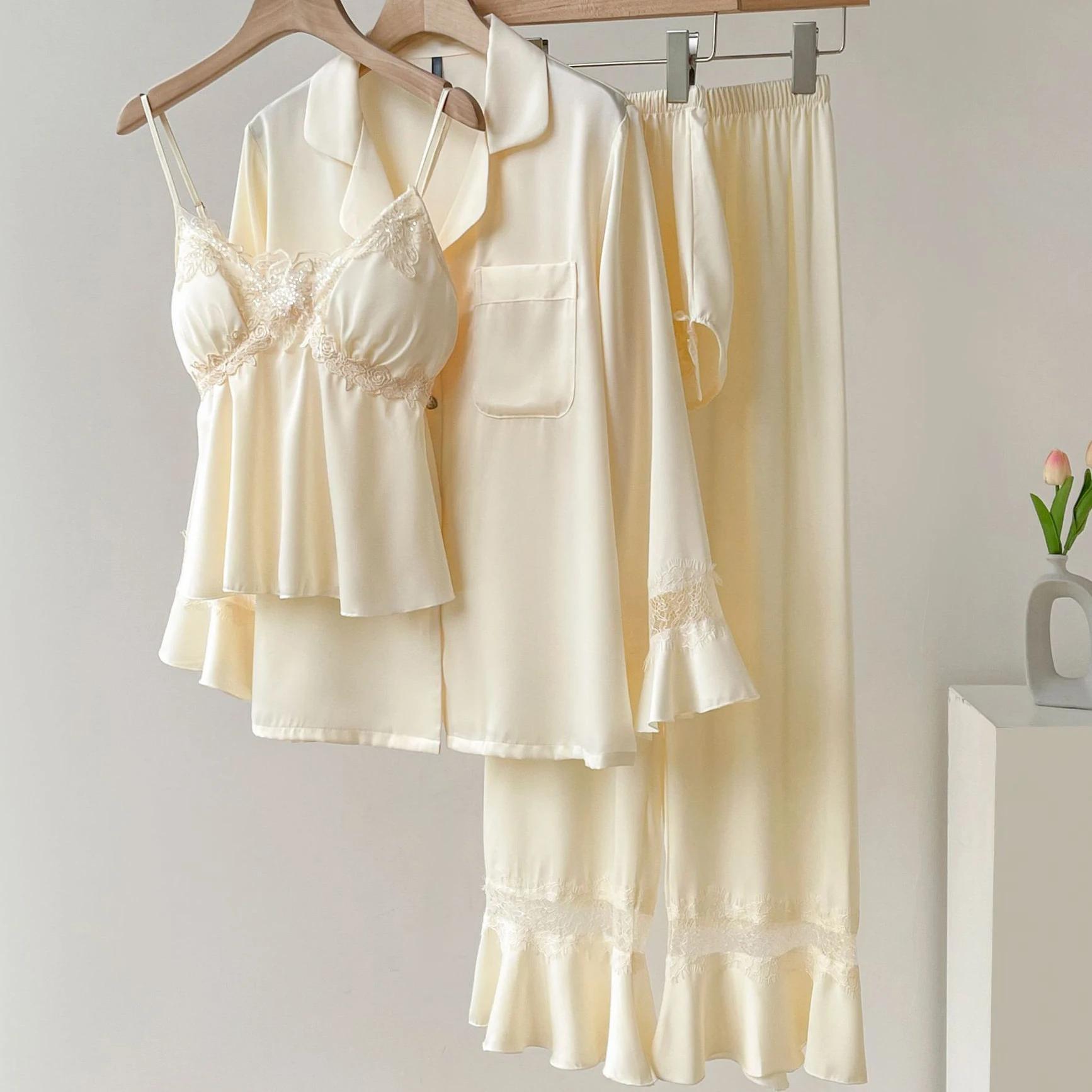 

Сексуальные кружевные шорты с подтяжками, рубашка, брюки, пижамный комплект, женский пижамный комплект из 4 предметов, повседневная одежда, весенне-осенняя свободная домашняя пижама M жёлтый