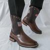 Men's Retro Western Cowboy Boots Fashion Usa Flag Patchwork Embroidery Mid-calf Leather Boot Designer Casual Shoes