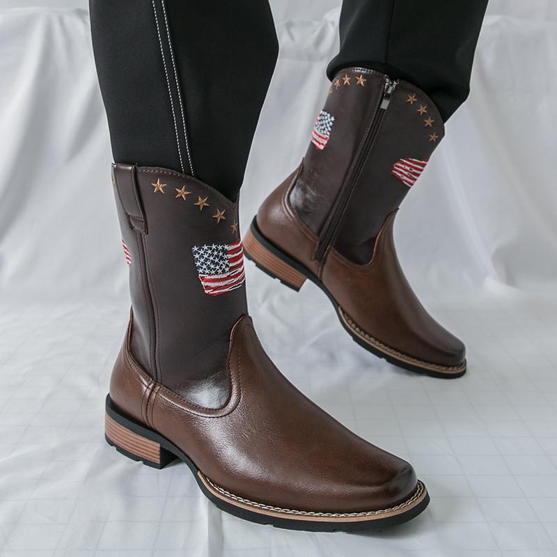 Men's Retro Western Cowboy Boots Fashion Usa Flag Patchwork Embroidery Mid-calf Leather Boot Designer Casual Shoes
