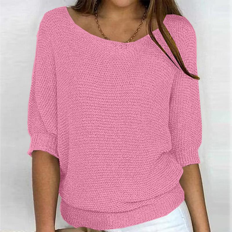 Women's Spring/Autumn Solid Color Round Neck Knitted Sweater, Plus Size, Elegant 3/4 Sleeve Top for Work