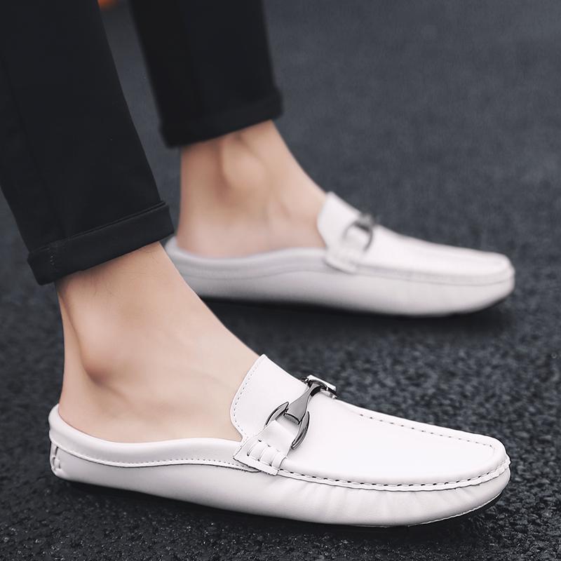 Summer Half Shoes For Men Leather Backless Casual Shoes Men'S Loafers Slippers Mules Sandals Slip-On Flats Male Slides
