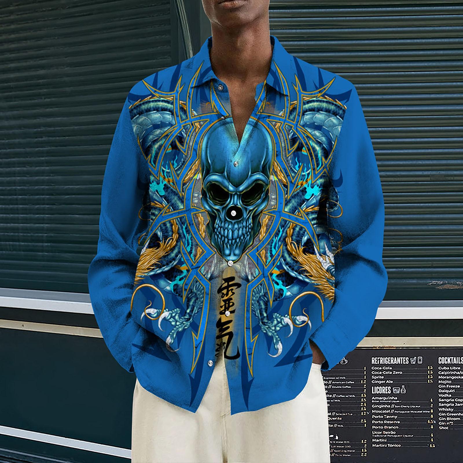 

Мужские рубашки с длинным рукавом с принтом, повседневные свободные рубашки с длинным рукавом с принтом XL синий