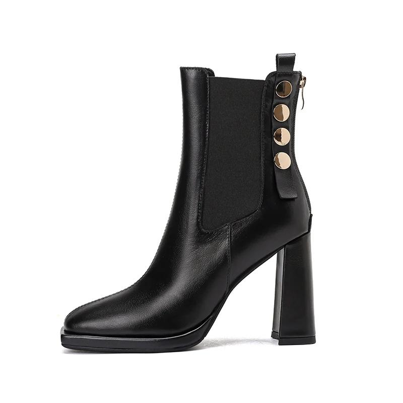Vintage Women Chelsea Boots Fashion Elegant Square Toe Shoes Autumn Winter Thick High Heel Women's Short Booties