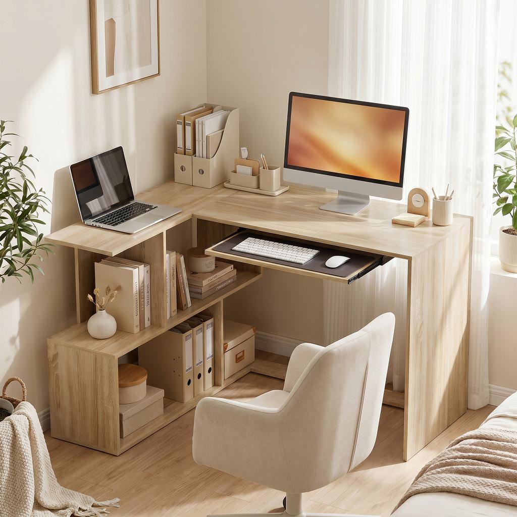 Corner Desk, 120 x 100 x 76 cm, L-Shaped Computer Desk, Keyboard Tray, 4 Open Compartments, Natural