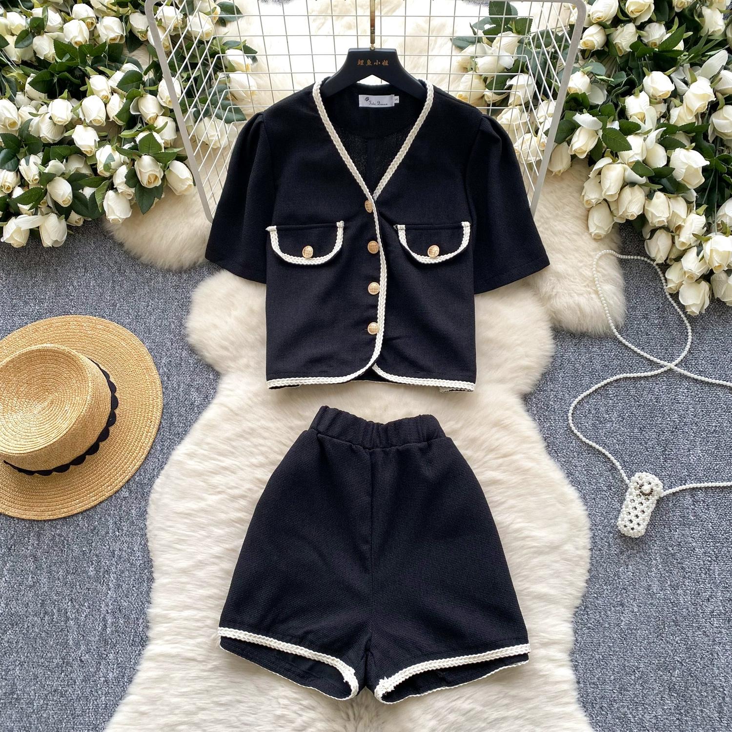 

Летние брюки для женщин, рубашка с коротким рукавом и V-образным вырезом + шорты на резинке, комплект из двух предметов XL чёрный