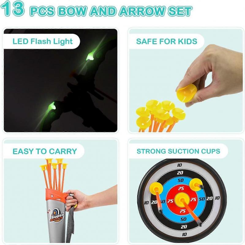 Bow and Arrow Set Kids, Archery Set with LED Light with 10 Suction Cups Arrows Targets Quiver, Indoor Outdoor Garden Games Green