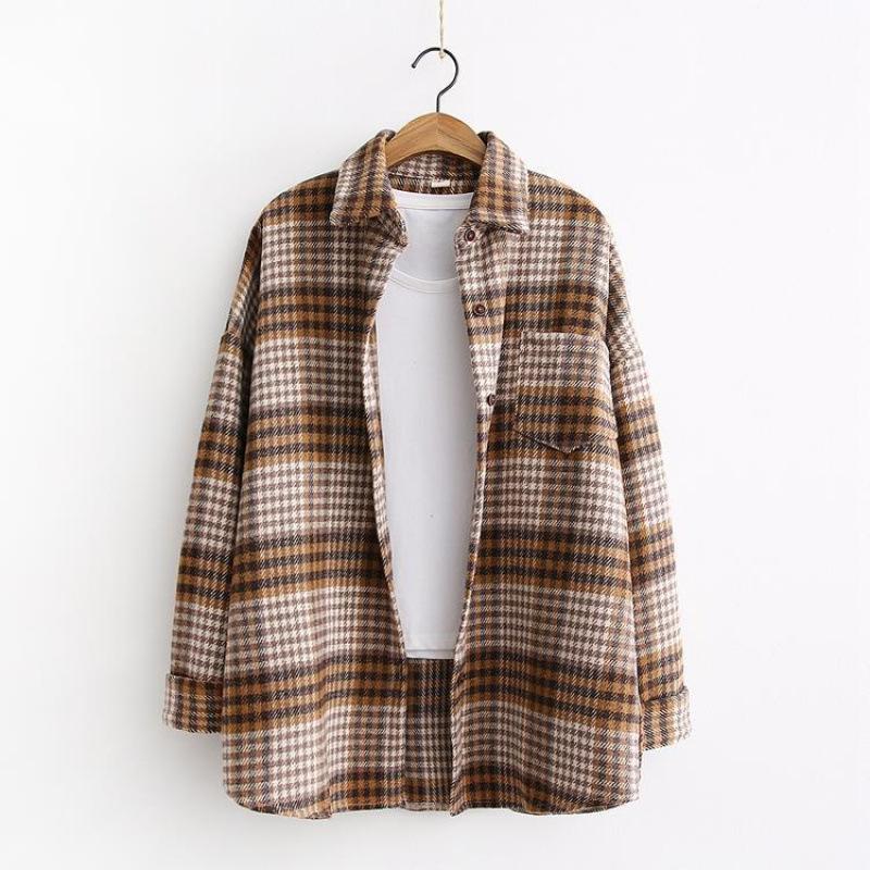 Z Woolen Plaid Shirt Women's Autumn and Winter New Retro Hong Kong Style Top Loose and Versatile Outer Wear Thickened Lining