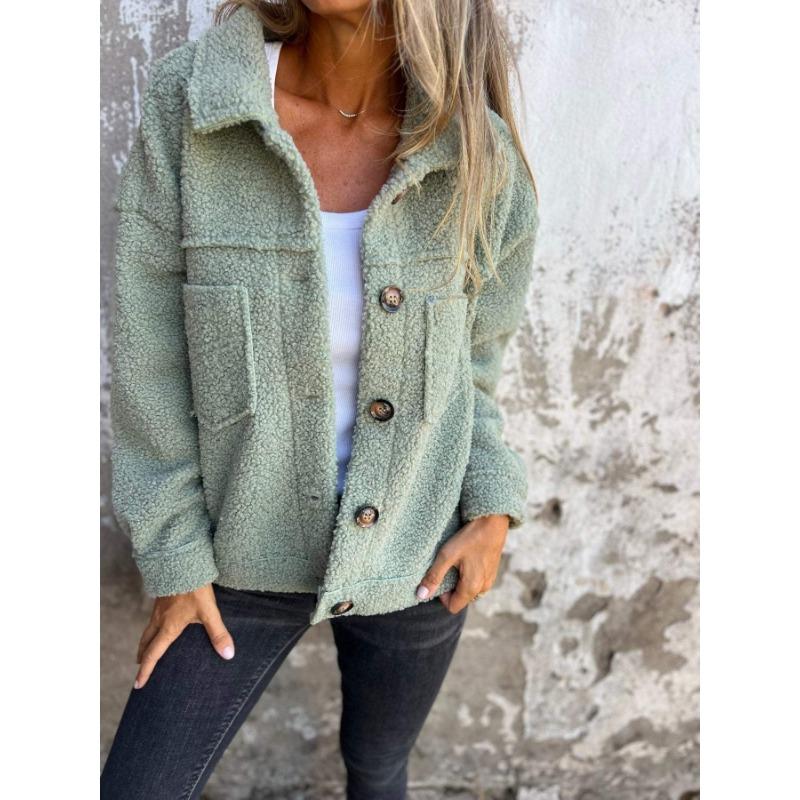 Pink Fashion Autumn and Winter Lapel Single-breasted Women's Lamb Wool Jacket, Simple and Versatile Women's Long-sleeved Top