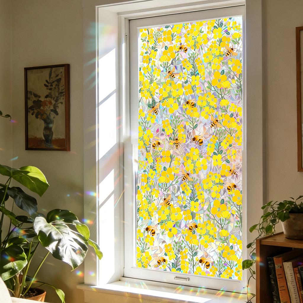 Kreative Farvede Glas Rapsblomst Bi Køkken Badeværelse Væg Stue Balkon Dekoration Klistermærker