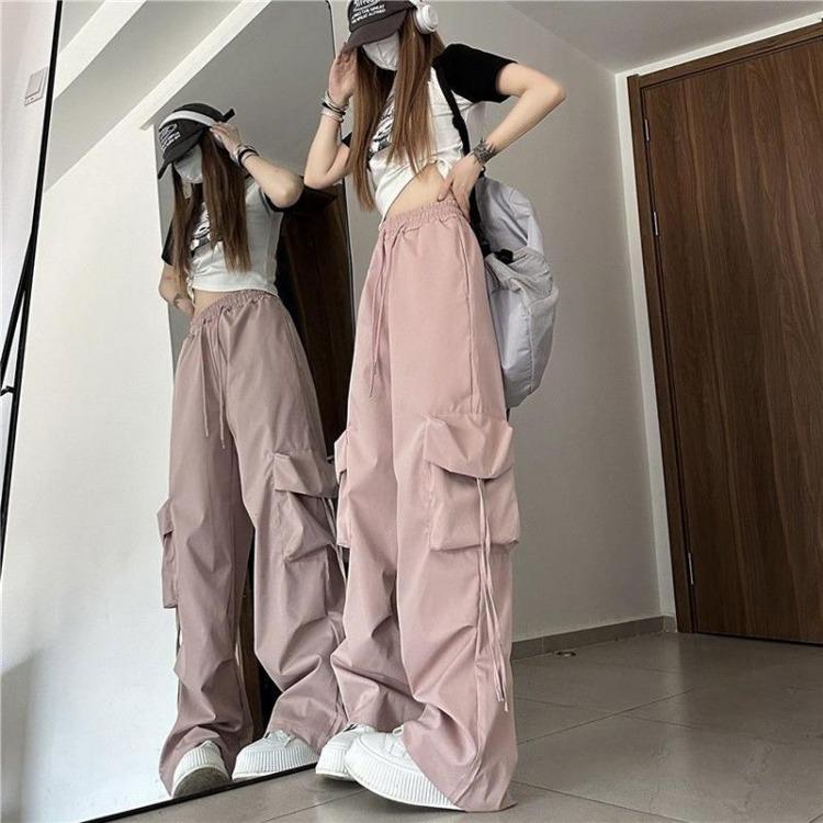 

Y2k Streetwear Cargo Pant Women High Waist Loose Casual Trousers Hip Hop Fashion Lady Pants with Big Pockets and Lace Up S