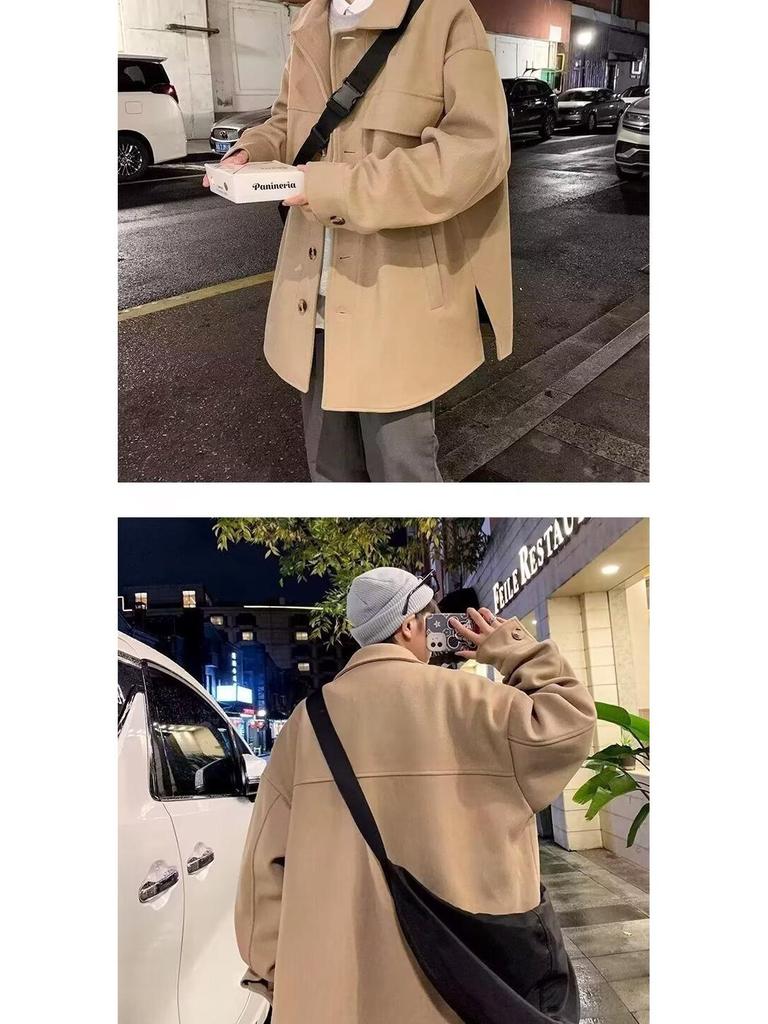 Men's Mid-Length Woolen Coat: Casual, Trendy, Oversized High-End Winter and Autumn Windbreaker.