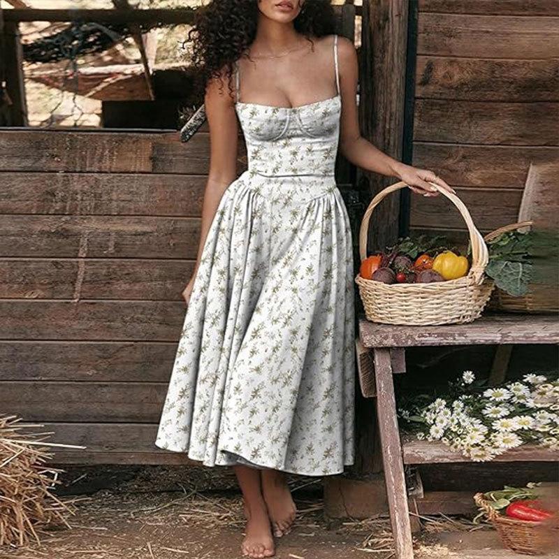 

Летнее французское винтажное длинное платье в придворном стиле дофаминовая одежда платья с бретельками на шее L белый/зелёный