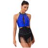 S-XXL Women's Competition Leotard: Allover Rhinestone Backless Bodysuit with Tassel Skirt & Contrast Color for Chacha Rumba Dance