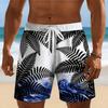 Men's White Fern Wave Print Drawstring Shorts, Spring Summer Fresh Nature Casual Shorts, Pocket Beach Shorts