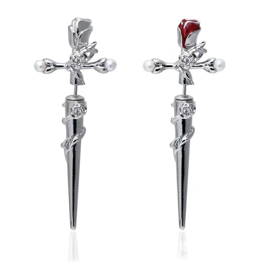 Retro Dark Gothic Punk Rose Cross Thorn Earring Unisex Piercing Ear Needle Earstuds Fashion Jewelry Accessorie
