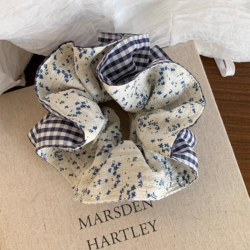 Vintage Stoff Karo Floral Scrunchie Für Frauen Französisch Großes Pferdeschwanz Seil Haargummi Elastisches Haarband Stirnband Haarschmuck