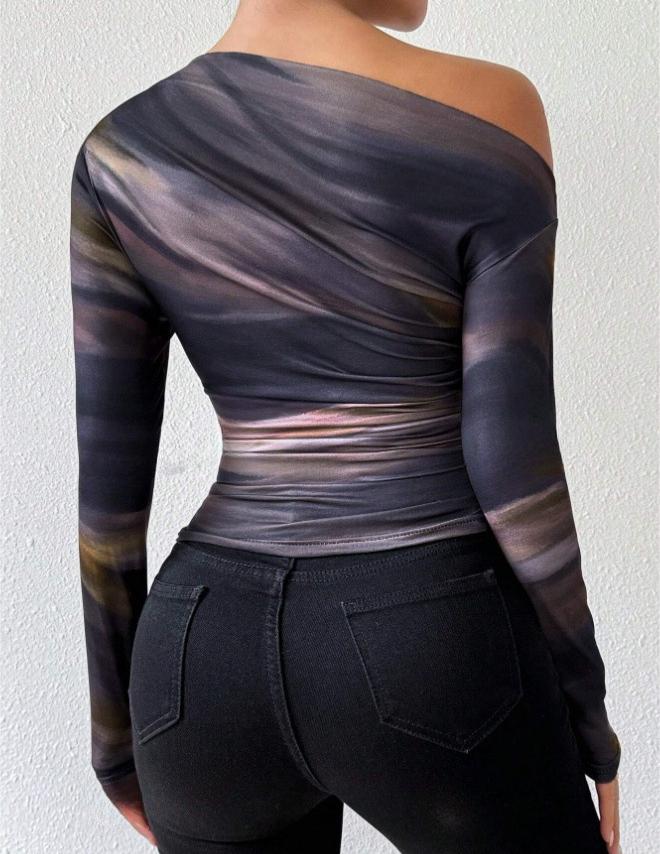 Tričko s dlouhým rukávem Dámské tričko s geometrickým vzorem Gradient Printing European a American off-rameno Stretch Mesh Tričko Sexy