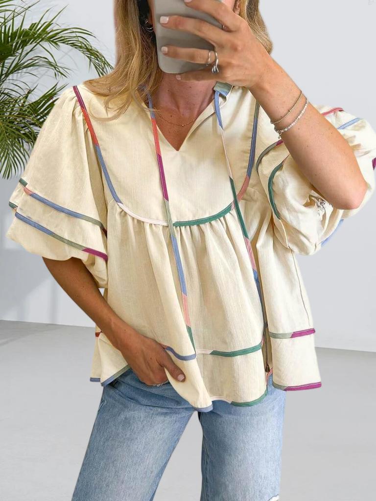 Women's Babydoll V Neck Blouse Short Lantern Sleeve Loose Peplum Flowy Top