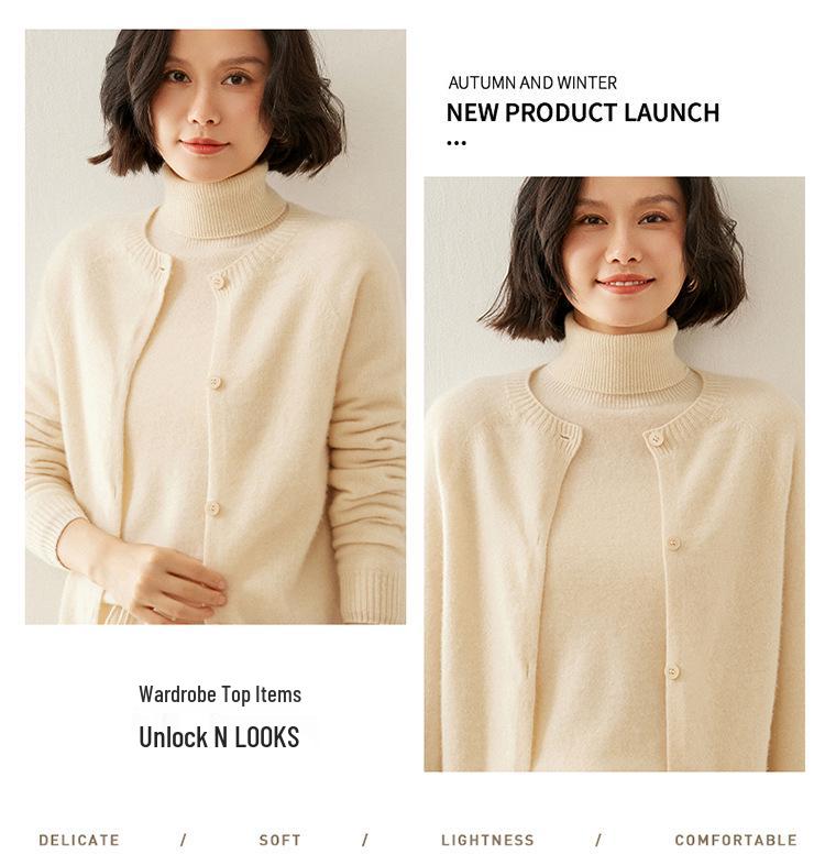 Women's Cashmere Round Neck Cardigan - Autumn/Winter Slim Fit Knitted Sweater, Solid Color, Versatile Outerwear