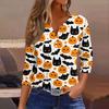 Lady's fashionable casual V-neck buttoned Halloween print three-quarter sleeve