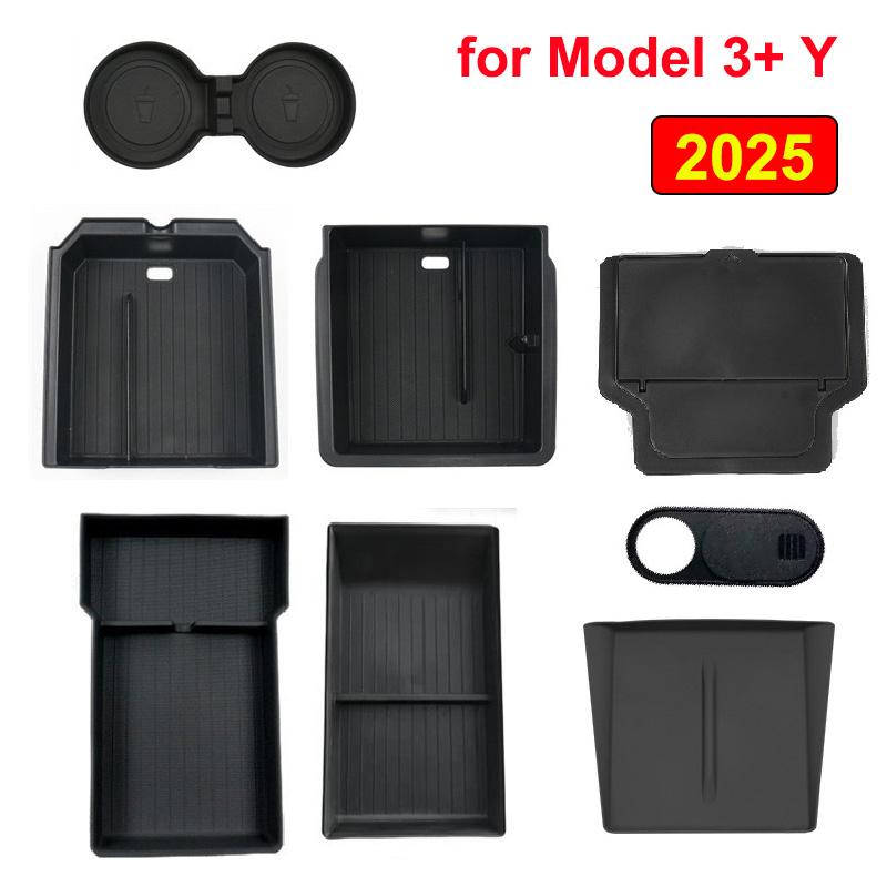 For Tesla New Model Y Juniper 2025 Launch Model 3 Highland Console Storage Box Non-slip Mat Armrest Hidden Organizer Watercup