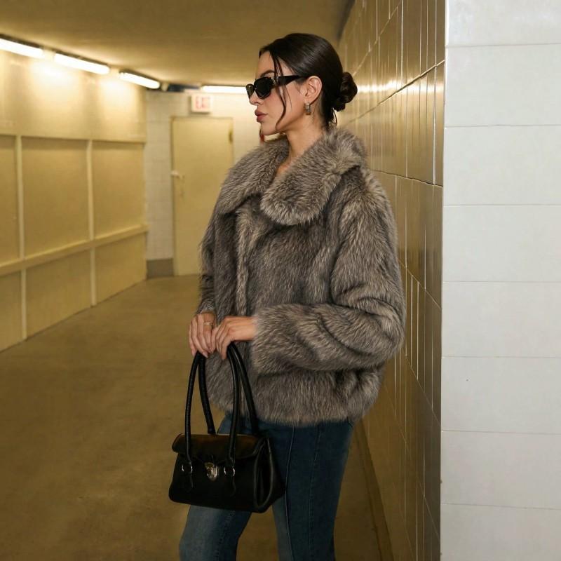 Womens Winter Faux Fur Coat Oversized Lapel Outerwear Warm Thick Street Style Jacket