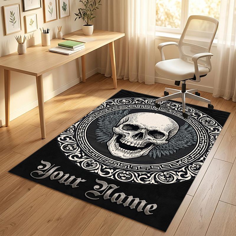 Skull Floral Theme Soft Crystal Velvet Rug Custom Name & Text Print Non Slip Floor Rug for Bedroom Living Room