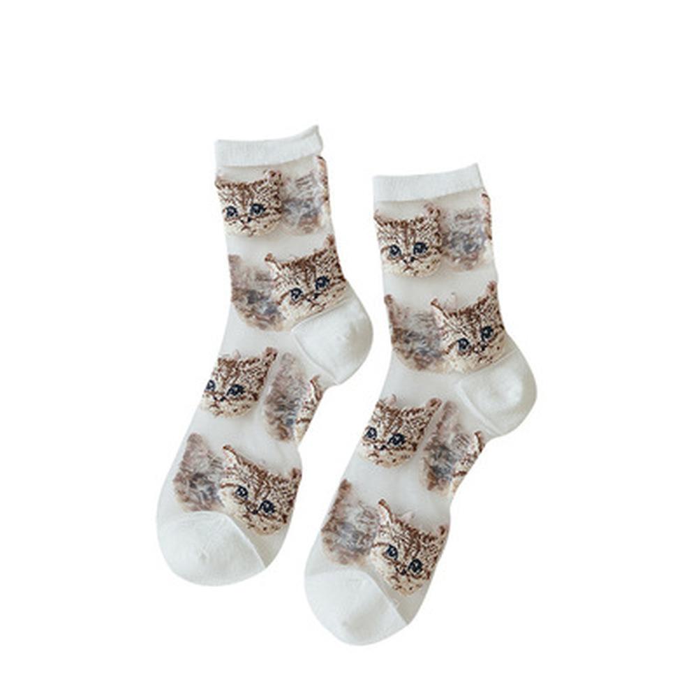 Calcetines cortos de encaje con estampado de gato de dibujos animados bonitos para mujer, calcetines de seda de cristal transparentes ultrafinos de verano, calcetines elásticos informales y transpirables