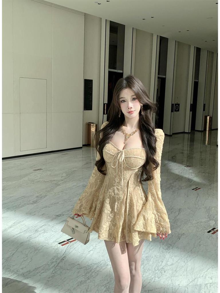 Pure Desire Lace Embroidery Square Neck Long Sleeve Short Dress - Perfect for Birthdays and Dates!