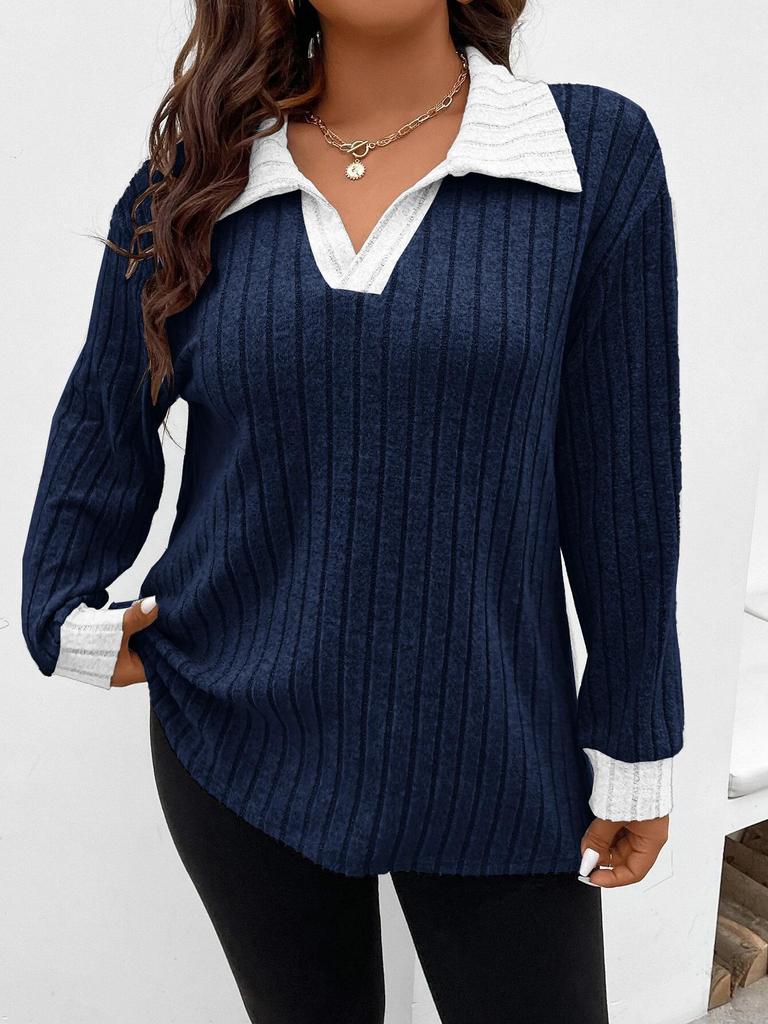 2026 Autumn/Winter Plus Size Women's V-Neck Long Sleeve Ribbed Brushed Loose Top