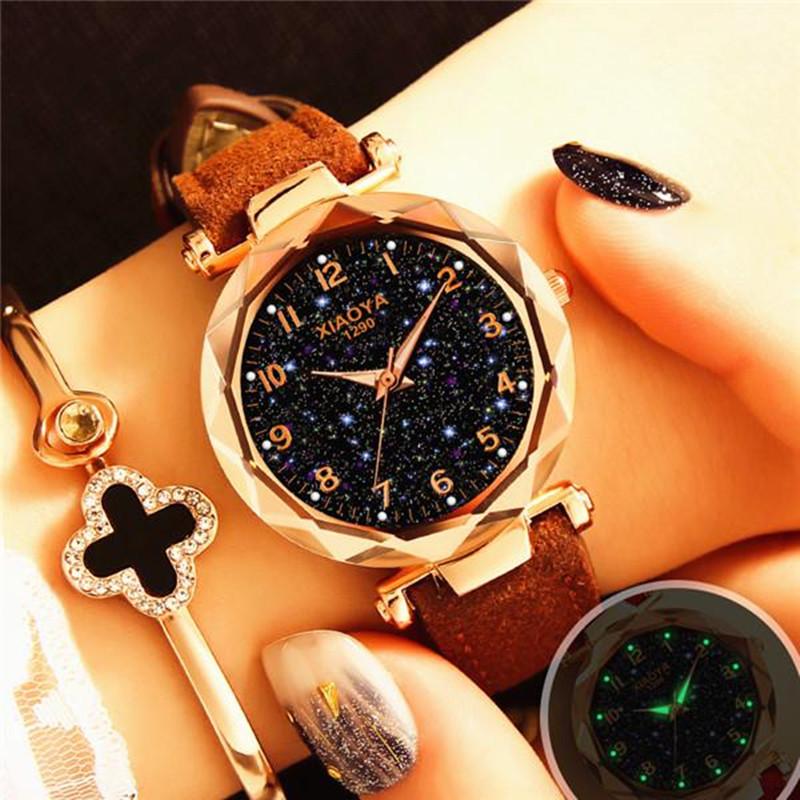Women Luxury Watch Personality Romantic Luminous Starry Sky Wristwatch Leather Rhinestone Watch