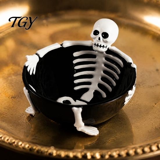 Decorative Serving Tray Halloween Skeleton Lounging Tidbit Serveware, 3D Relief Resin Candy Bowl for Skull Party Platter Snacks Dips, Creative