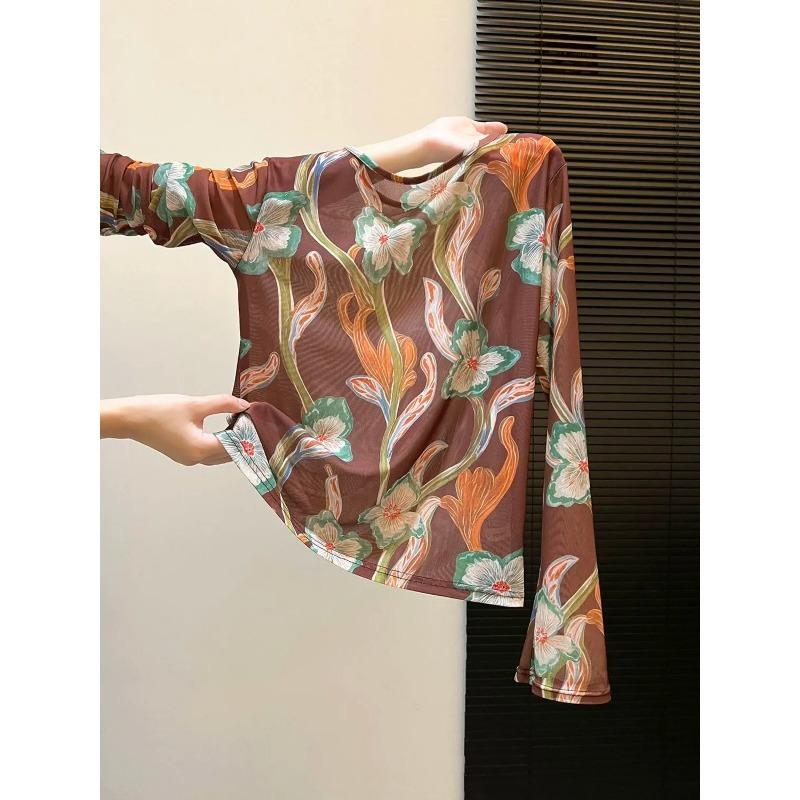 

Womens Floral Print Mesh Long Sleeve Flare Cuff Top S коричневый