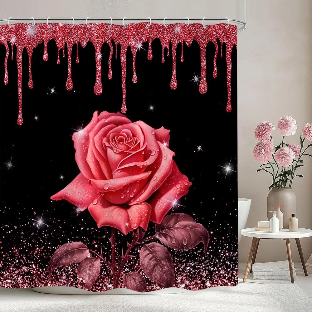 Pink Rose Shower Curtain Flower Pink Glitter Glitter Bathroom Curtains For Kids Girls and Adults Room Decor Fabric Bath Curtains