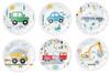 Set of plates, cups, napkins, cars