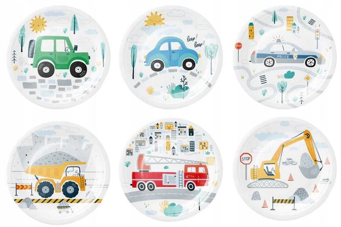 Set of plates, cups, napkins, cars